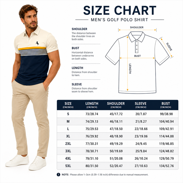 Size chart for men's golf polo shirt with a man wearing the shirt and measurements.