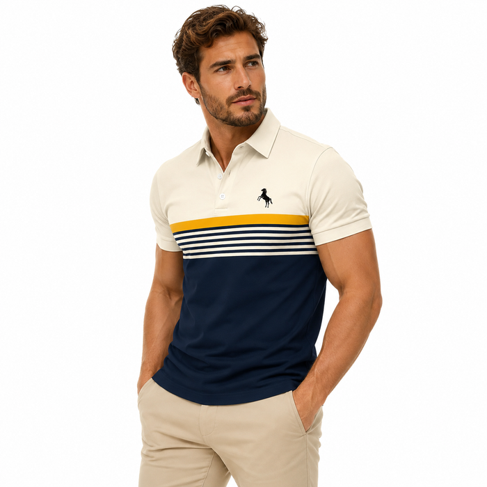 Lightweight polyester golf shirt with smooth texture and structured neckline