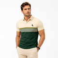 Men's striped collar shirt paired with neutral pants and watch accessories
