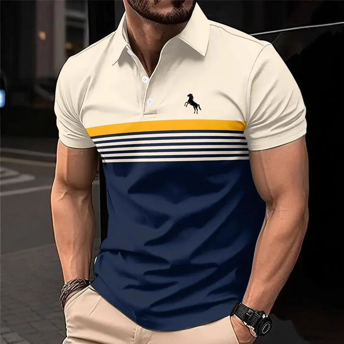 Man wearing a polo shirt with a horse logo on a city street
