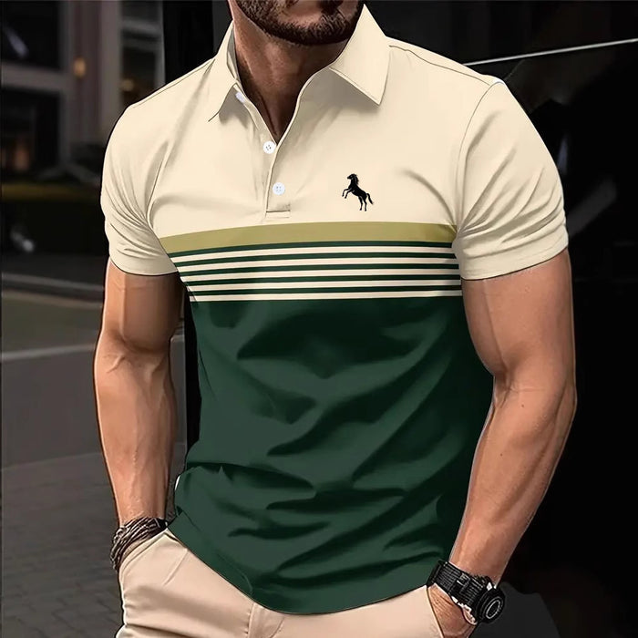 Man wearing a two-tone polo shirt with a horse logo in an urban setting