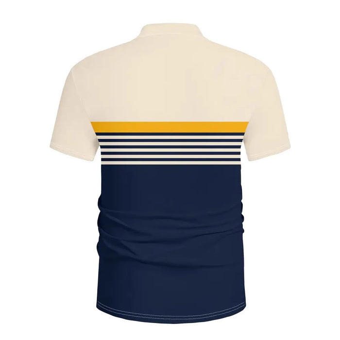 Navy and beige polo shirt with yellow and white stripes on a white background