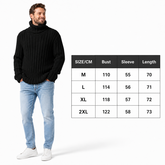 Men's black turtleneck sweater on a male model with size chart for M, L, XL and 2XL.