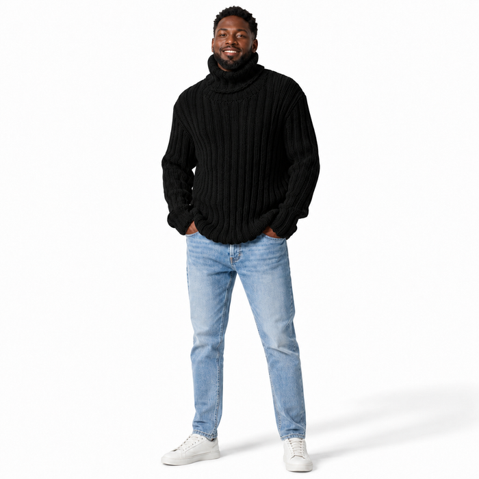 Men's black turtleneck sweater in ribbed knit shown on a male model for a clean Shopify product image.