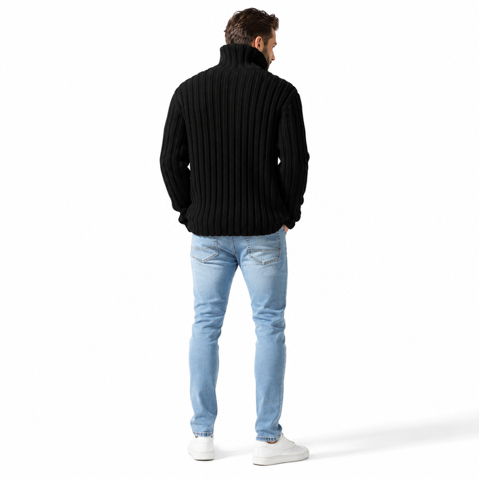 Men's black turtleneck sweater in ribbed knit shown from the back on a male model.