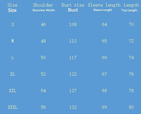 Size chart for shoulder width, bust size, sleeve length, and top length on a blue background