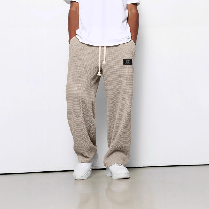 waffle straight pants men mid waist drawstring adjustment