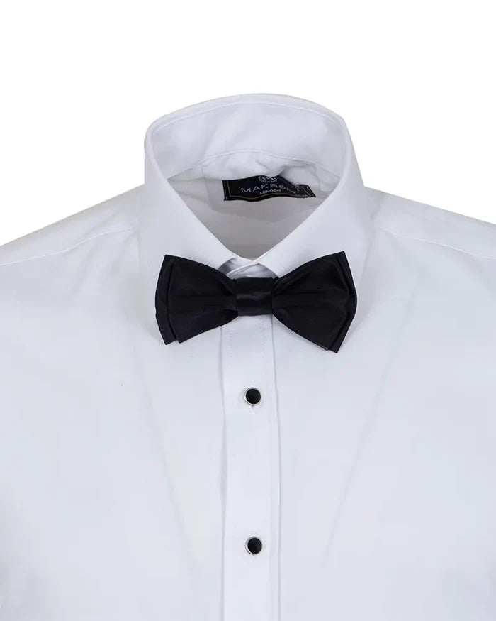 White dress shirt with a black bow tie on a white background