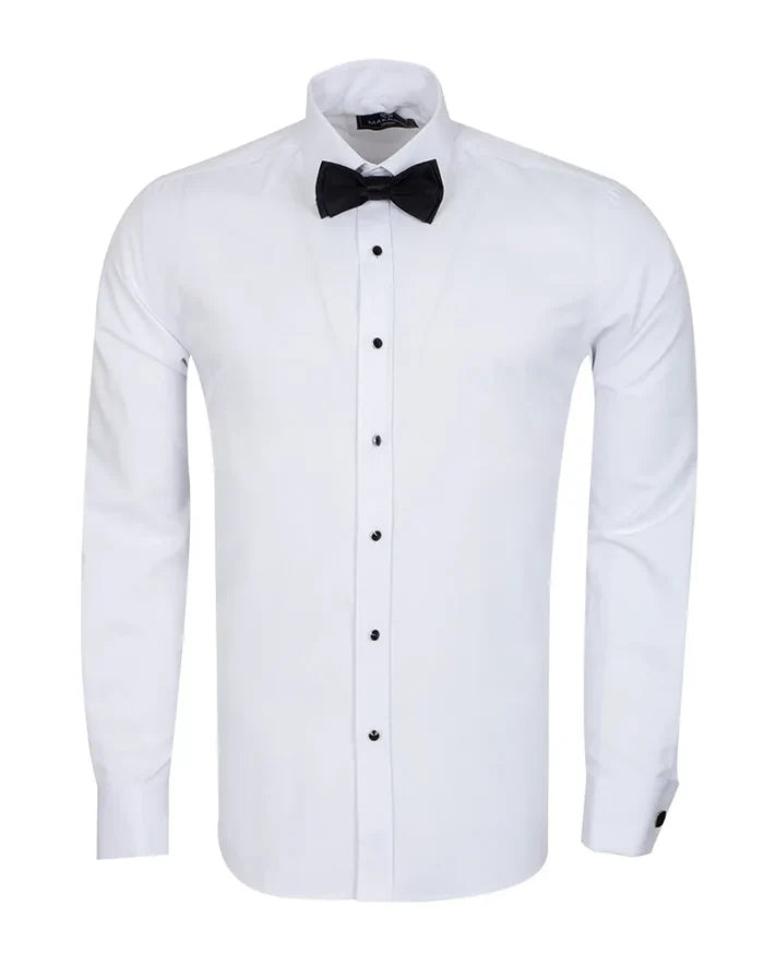 White dress shirt with a black bow tie on a white background