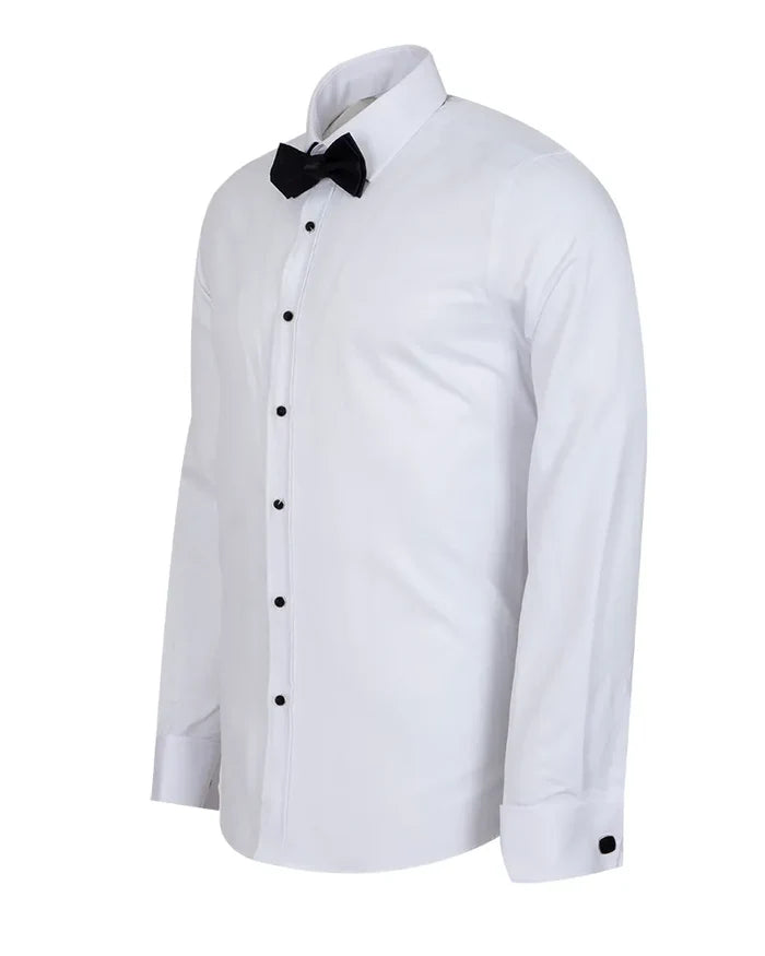 White dress shirt with black bow tie on a white background