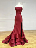 Mermaid Burgundy Satin Prom Dress 2025 with Slit