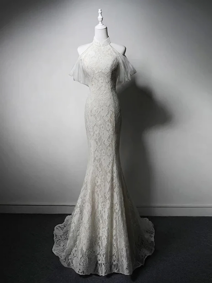 Mermaid Grey Lace Prom Dress 2025 with Large Tulle Bow