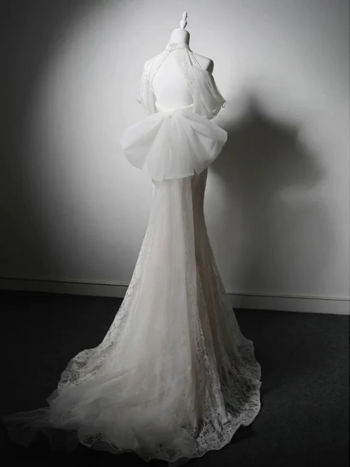 Mermaid Grey Lace Prom Dress 2025 with Large Tulle Bow
