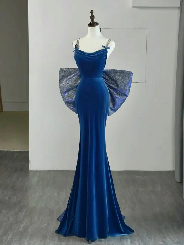 Mermaid Teal Blue Velvet Prom Dress 2025 with Large Bow Tail