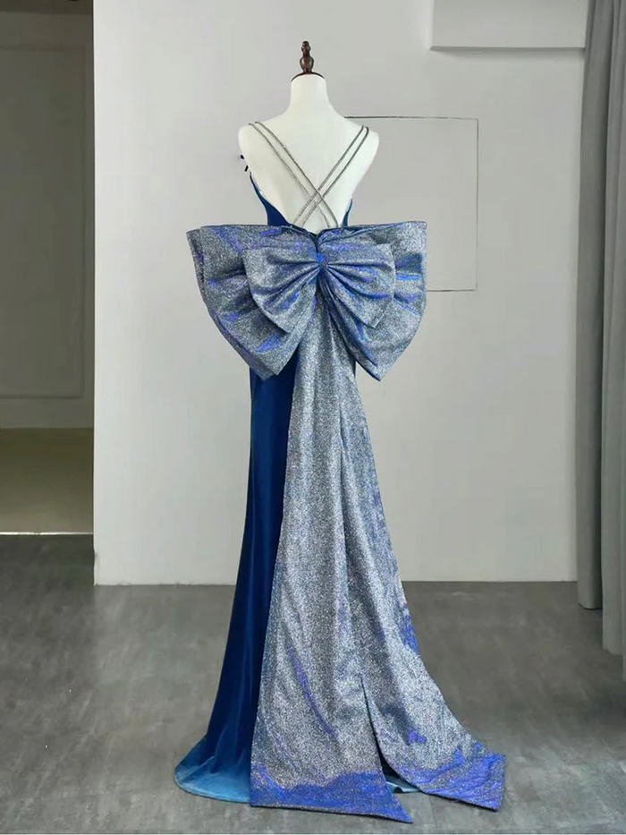 Mermaid Teal Blue Velvet Prom Dress 2025 with Large Bow Tail