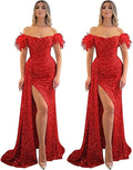Mermaid/Trumpet Prom Dress 2023 Off Shoulder Short Sleeves Sequined with Slit Sparkle&Shine