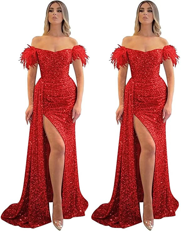 Mermaid/Trumpet Prom Dress 2023 Off Shoulder Short Sleeves Sequined with Slit Sparkle&Shine