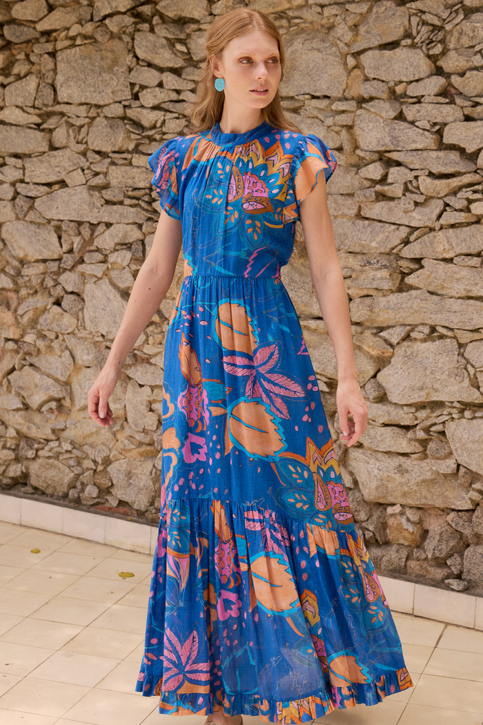 Mock Neck Flutter Maxi- Antico Blue