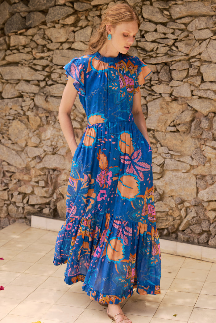Mock Neck Flutter Maxi- Antico Blue