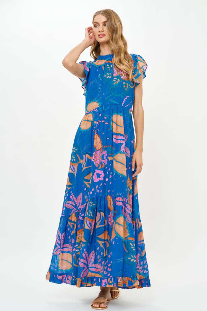 Mock Neck Flutter Maxi- Antico Blue