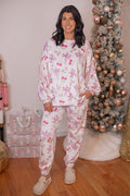Women's white pajama lounge jogger pants with pink cherry santa print by Peach Love California