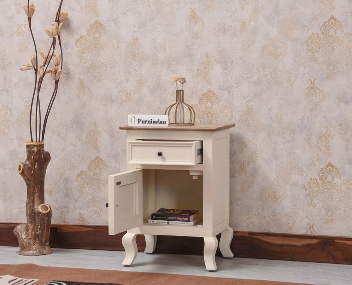 Mumbai Solid Wood One Door One Drawer Bedside Table - Right Side Door - Furniselan - Frosty White