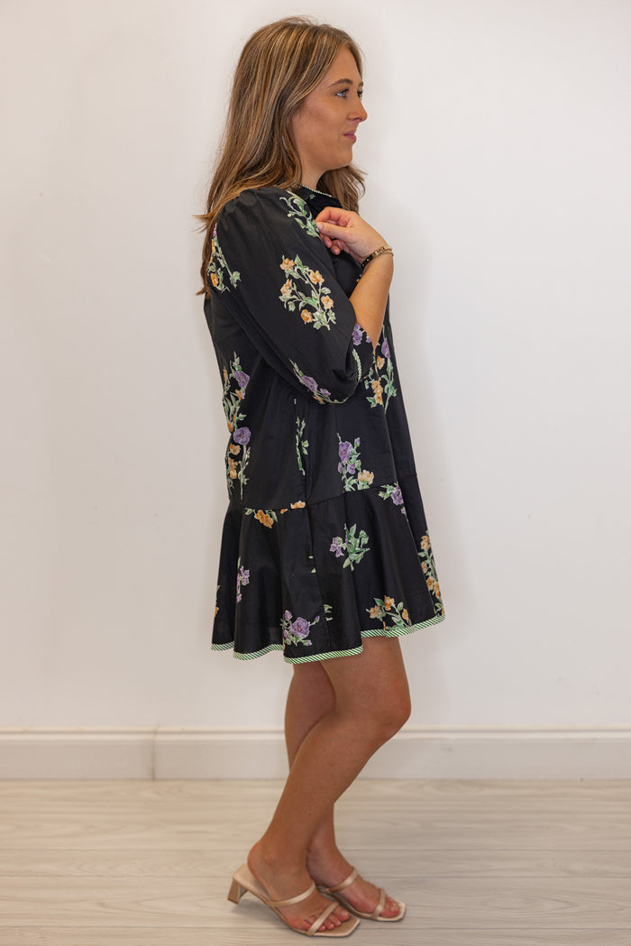 black poplin floral babydoll short dress