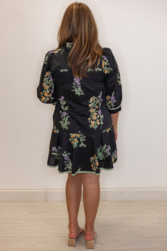 black poplin floral babydoll short dresses