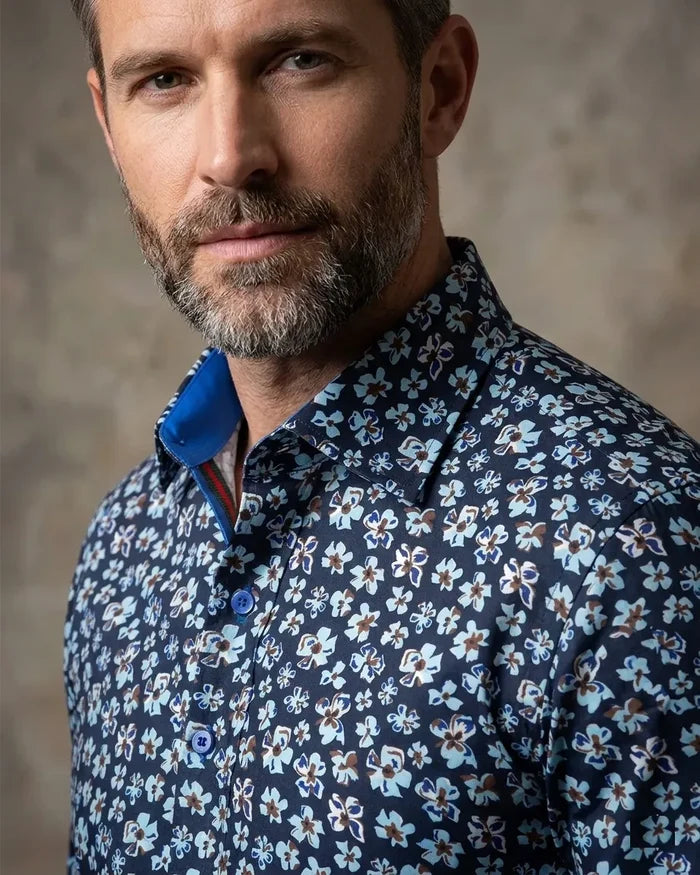 Navy Floral Pattern Print Shirt