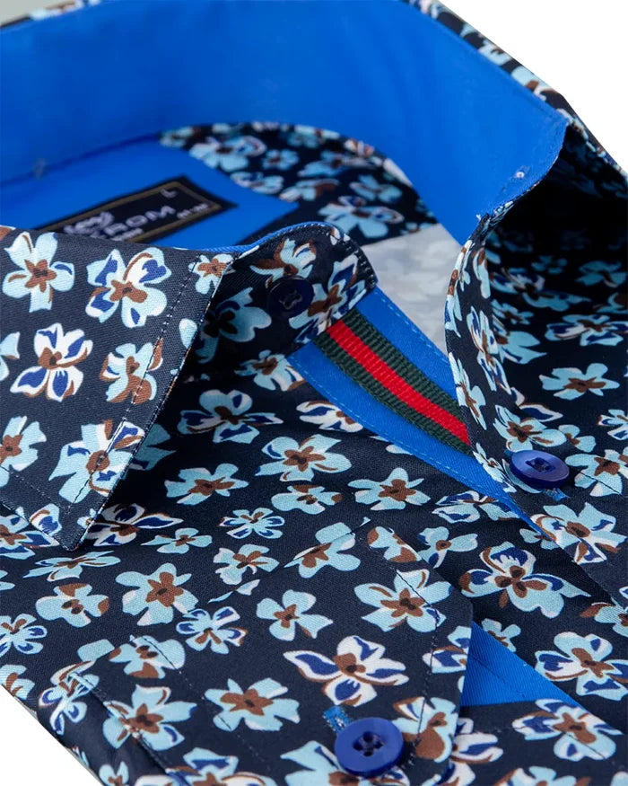 Navy Floral Pattern Print Shirt-Makrom