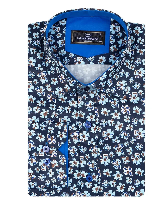 Navy Floral Pattern Print Shirt-Makrom