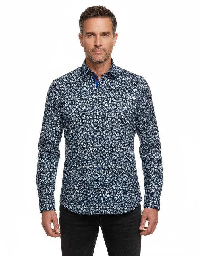Navy Floral Pattern Print Shirt-Makrom