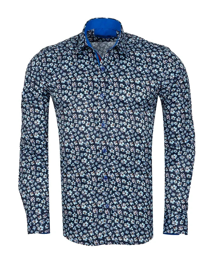 Navy Floral Pattern Print Shirt-Makrom