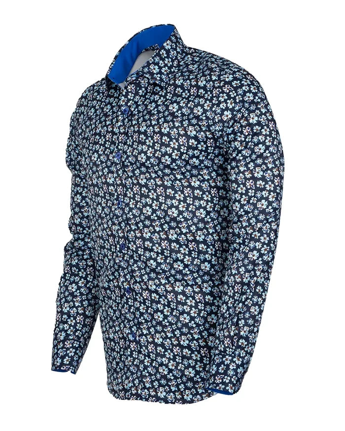 Navy Floral Pattern Print Shirt-Makrom