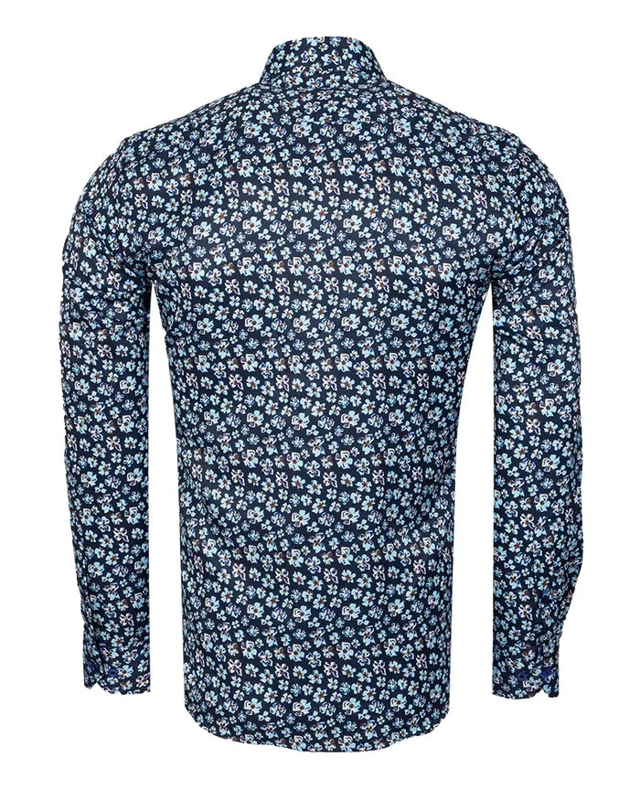 Navy Floral Pattern Print Shirt-Makrom