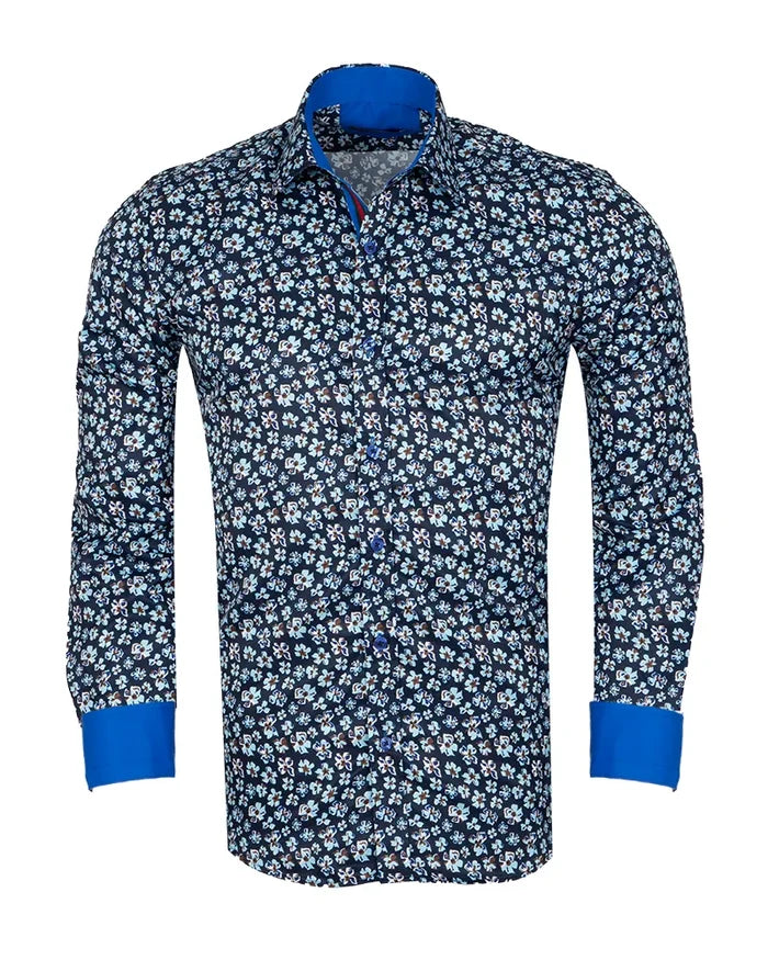 Navy Floral Pattern Print Shirt-Makrom