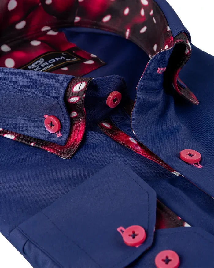 Navy Plain Contrast Dot Double Collar Long Sleeve Shirt-Makrom
