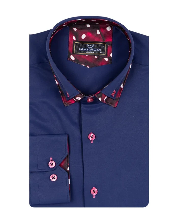 Navy Plain Contrast Dot Double Collar Long Sleeve Shirt-Makrom