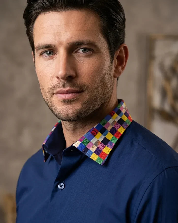 Navy Plain Shirt with Multicoloured Trim