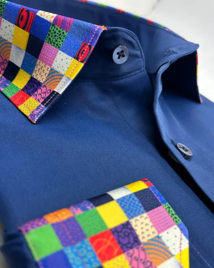 Navy Plain Shirt with Multicoloured Trim-Makrom