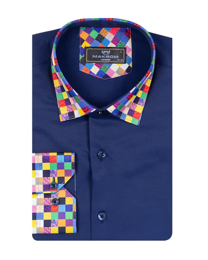Navy Plain Shirt with Multicoloured Trim-Makrom