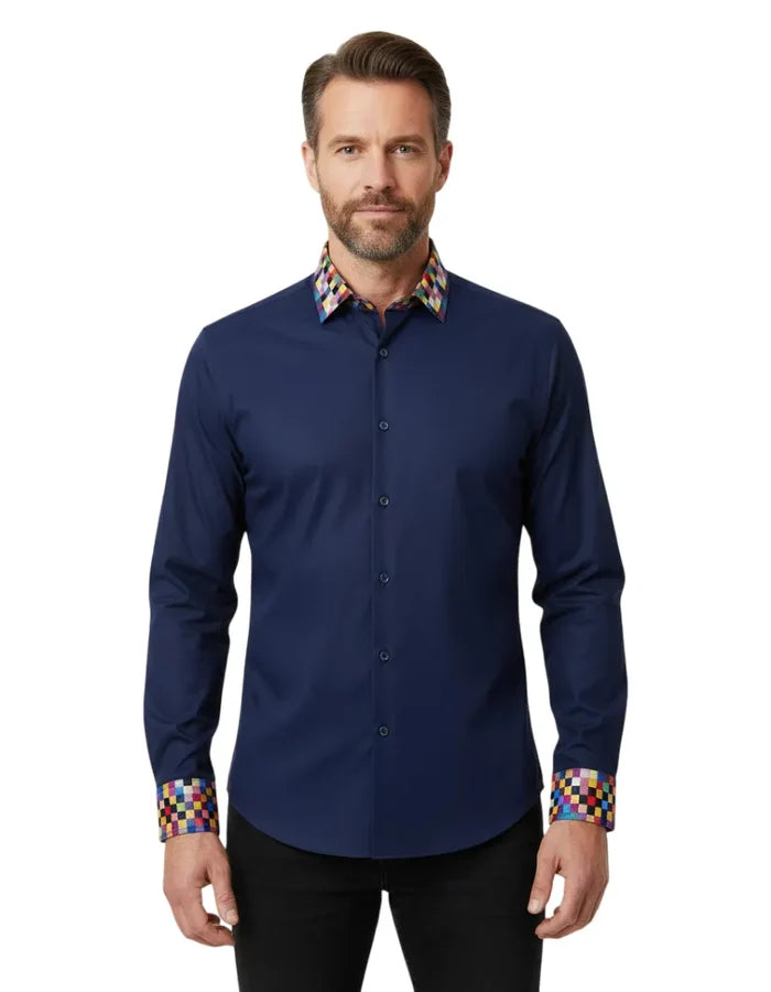Navy Plain Shirt with Multicoloured Trim-Makrom