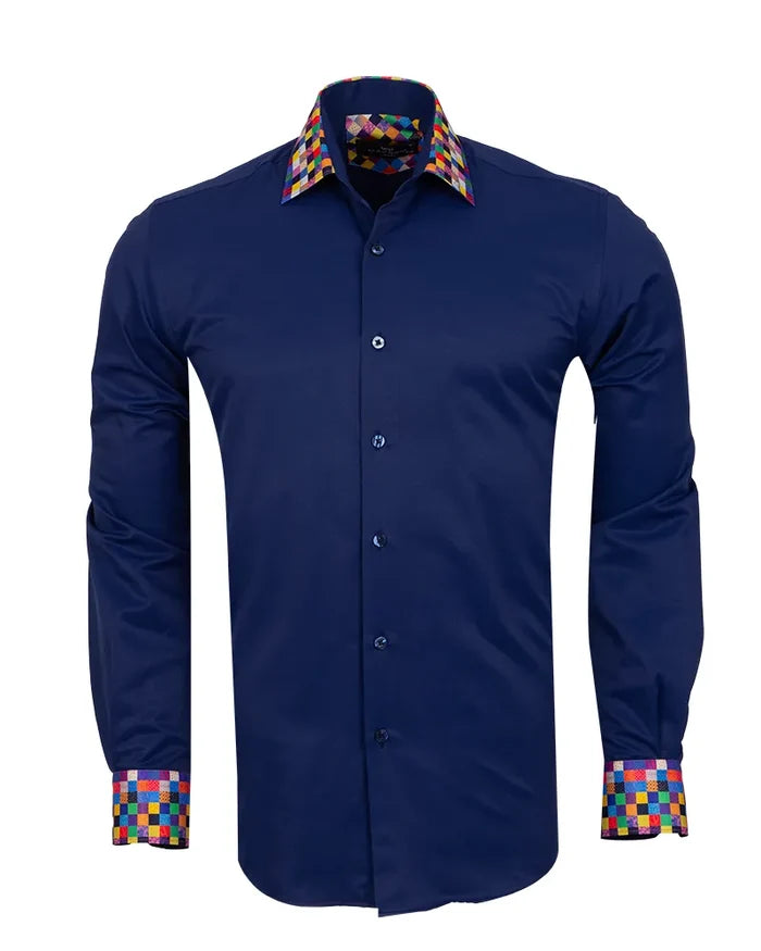 Navy Plain Shirt with Multicoloured Trim-Makrom