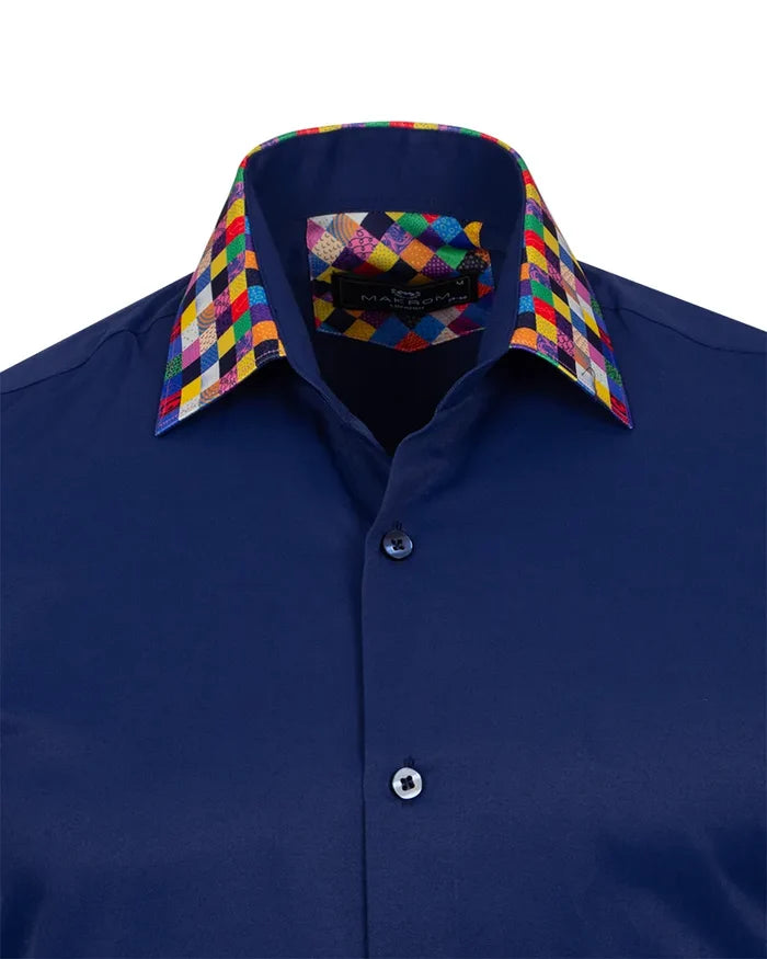 Navy Plain Shirt with Multicoloured Trim-Makrom