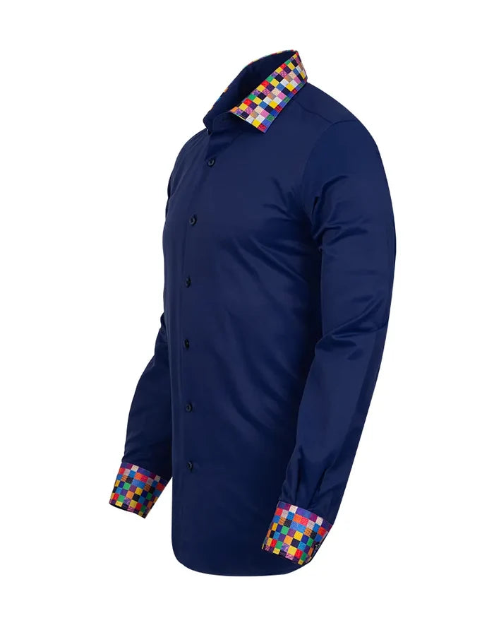 Navy Plain Shirt with Multicoloured Trim-Makrom