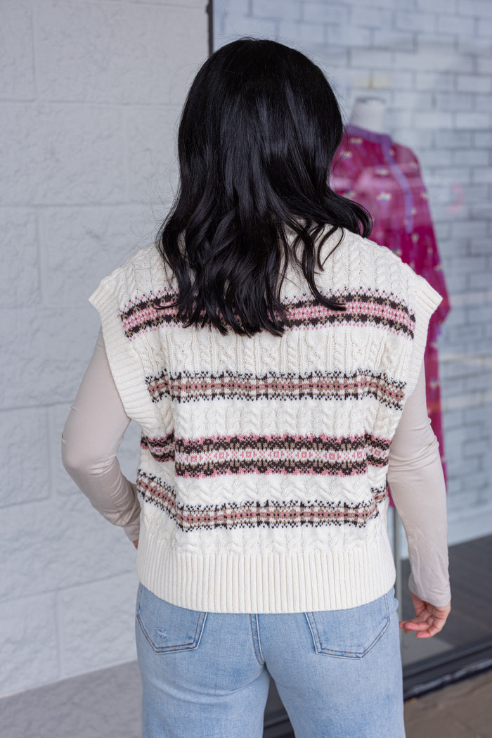 Women's ivory cable knit sweater vest style top with brown and pink stripes by idem ditto showing up close back view