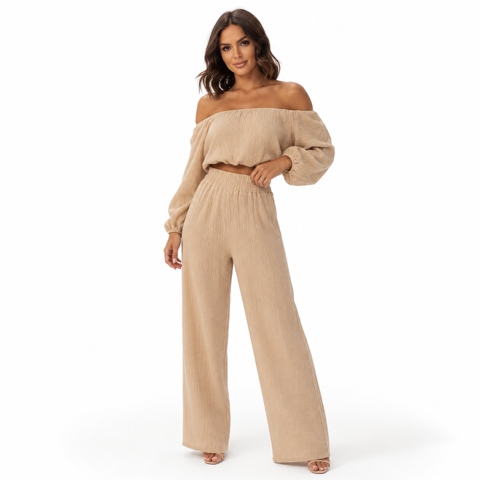 Women’s off shoulder two-piece set with wide-leg pants