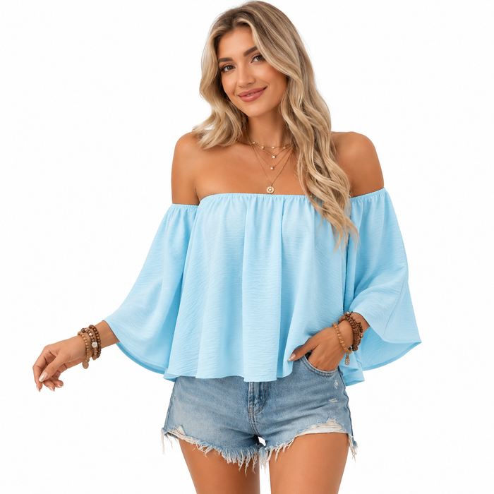 Relaxed off shoulder top with flared sleeves and distressed street fashion detail, available in white, black, and colors now.