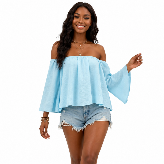 Loose off shoulder short sleeve top for women, designed as a basic polyester piece for casual jeans and skirt outfits easily.
