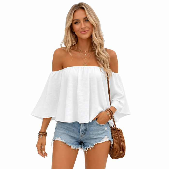 Women's polyester off shoulder top in rose red, apricot, lake blue, black, or white, for flexible casual styling ideas today.